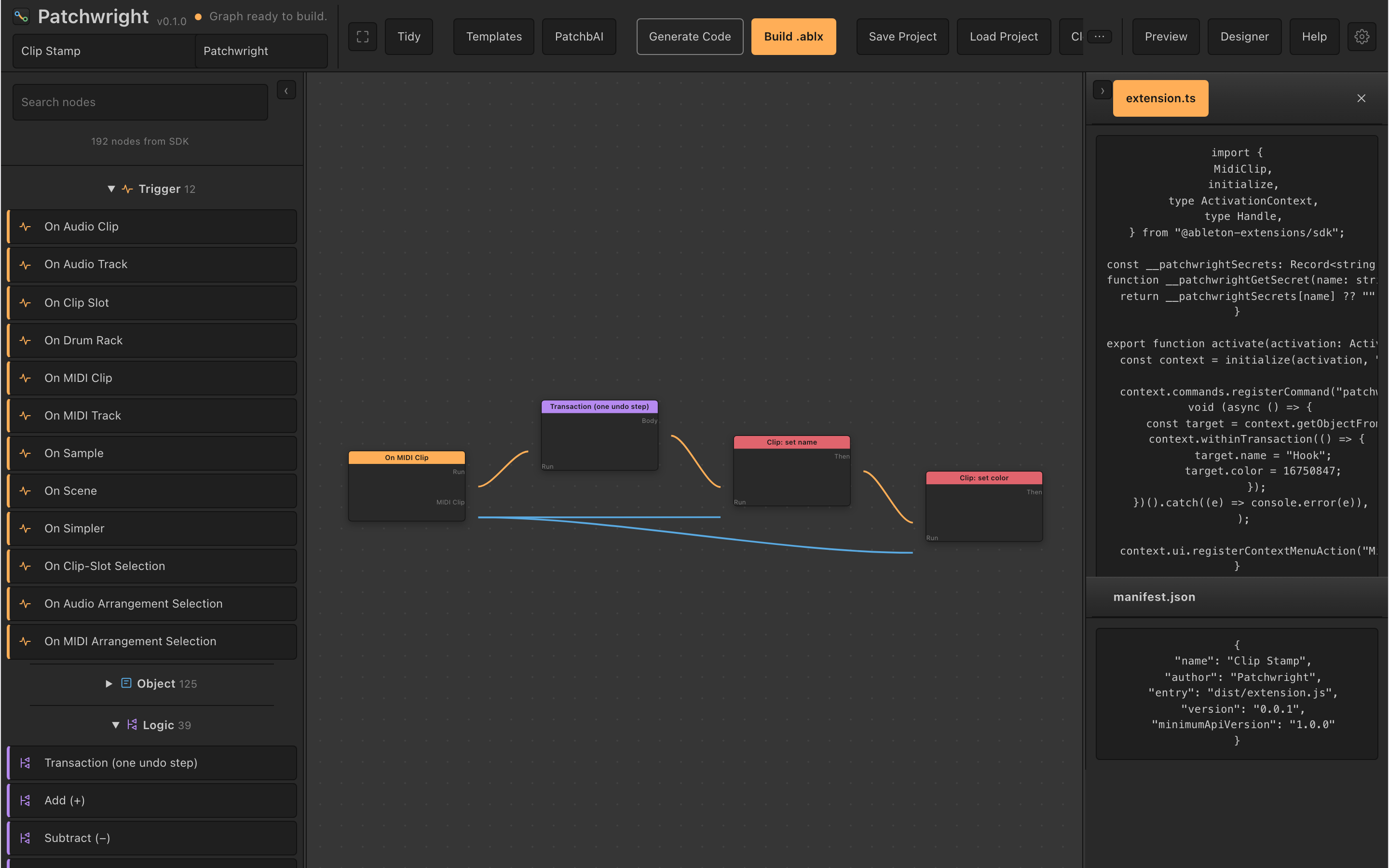 Patchwright studio — node palette, graph canvas, and Generate Code dock